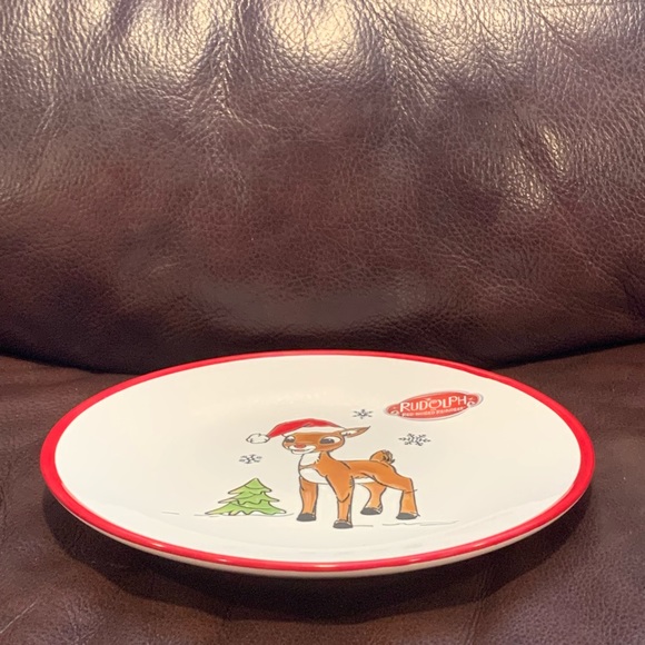 Rudolph in Santa Hat Ceramic Salad Plate - Christmas Tree Snowflakes - Picture 5 of 7